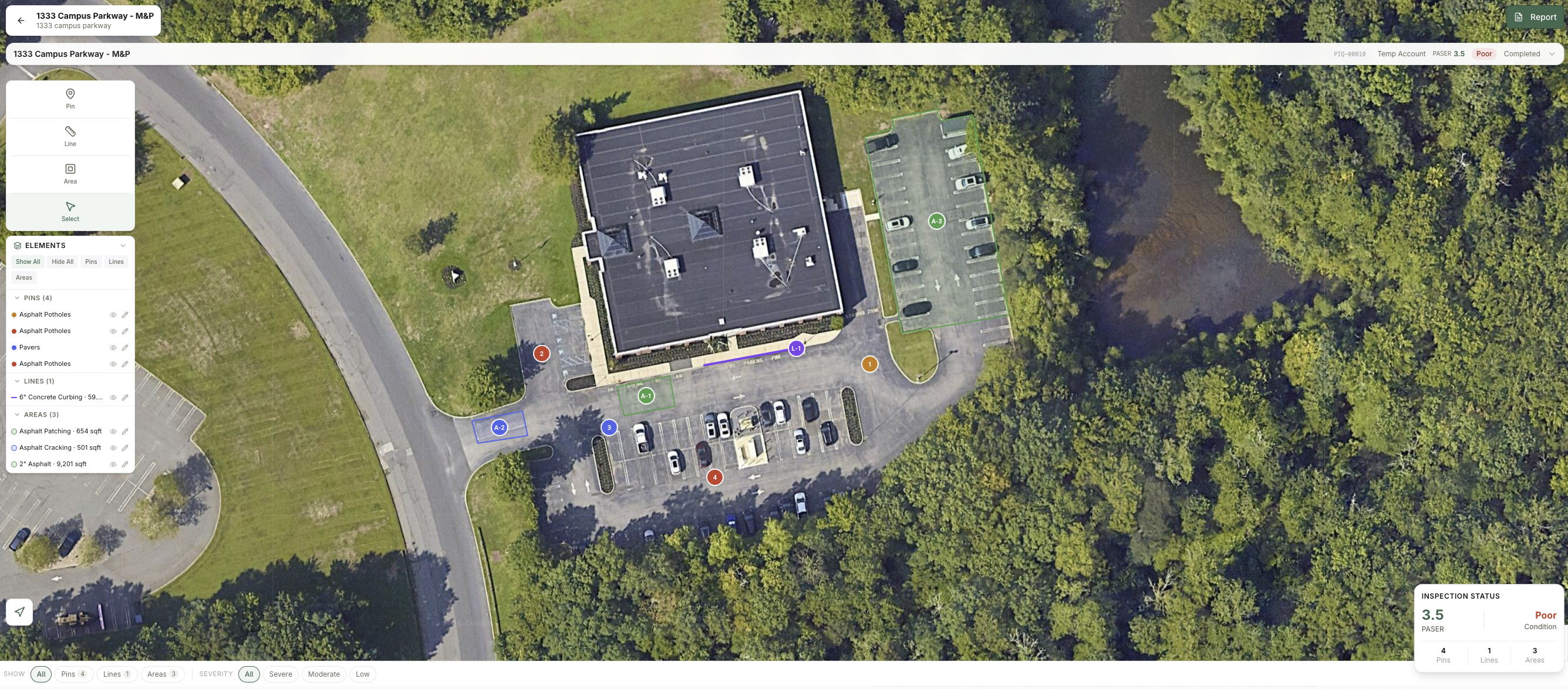 PavementIQ live inspection map with pins, areas, and PASER scoring